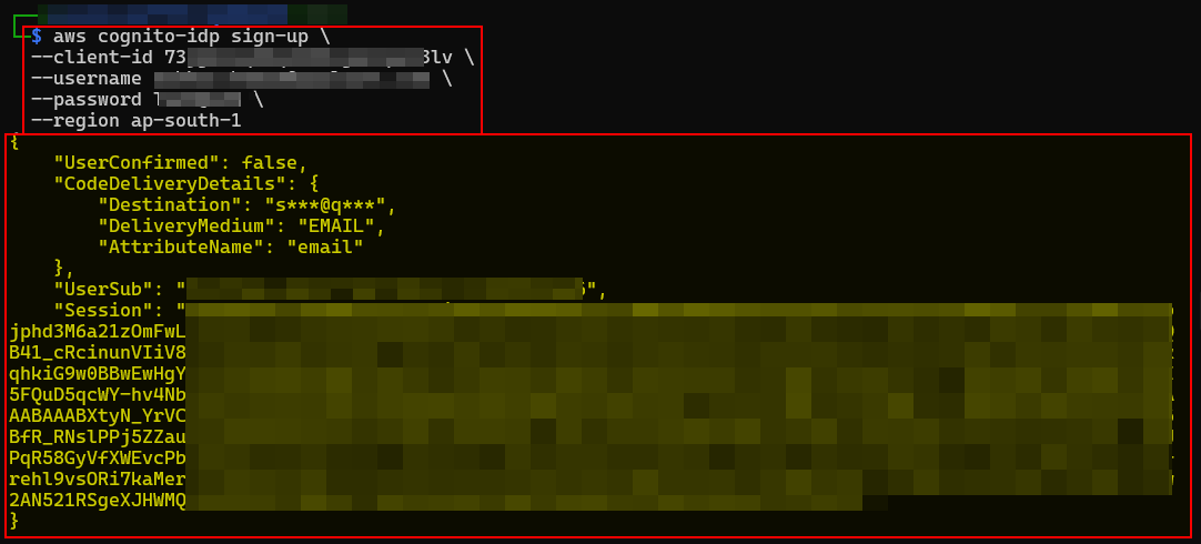 AWS CLI command window showing a successful direct sign-up request