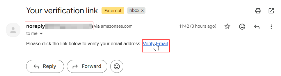 Email inbox showing the automated Amazon SES verification link
