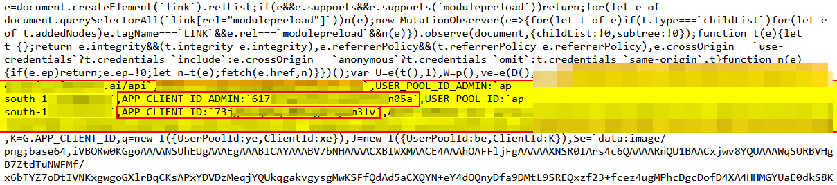 JavaScript source code highlighting exposed Amazon Cognito configuration keys